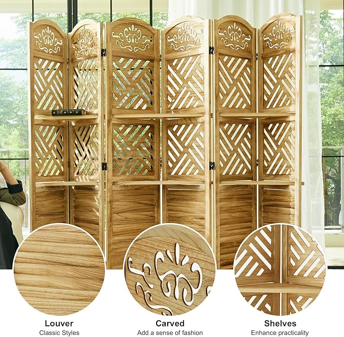Svimi Room Divider with Shelves, 68.9inch Wood Carved and Louvered Wall Divider Freestanding, 6 Panels Folding Partition Screen for Bedroom Home Office (Natural)