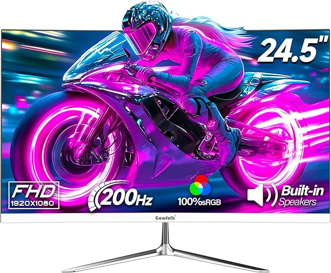 Gawfolk Gaming Monitor 24.5 Inch 200Hz Built-in Speakers, 180hz PC Monitor FHD 1080P Frameless Computer Monitors, VA,sRGB 100%, DisplayPort, HDMI, Eye Care, Wall Mount Compatible (White)