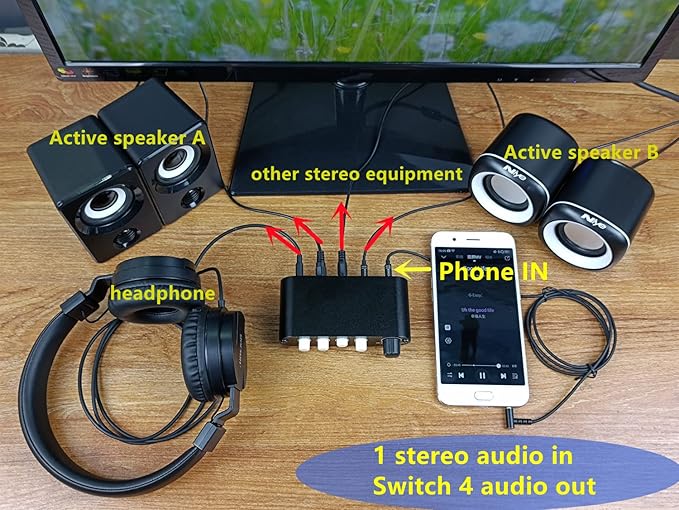 TENEALAY 4-Way 3.5mm Stereo Audio Switch Input Signal Source Switcher Selector Splitter Box with line Volume Controller (4 in 1 Out / 1 in 4 Out) -MC41