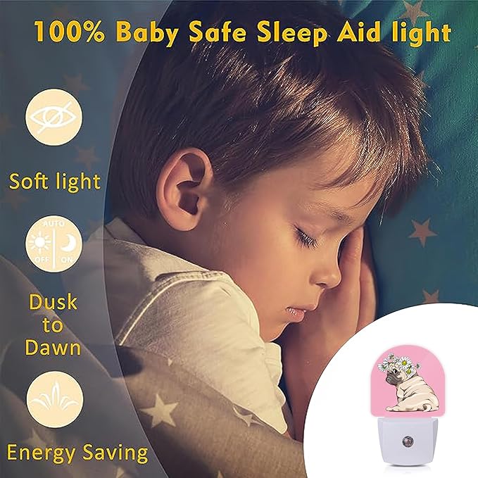 Axxitude Puppy Pug Chamomile Flowers Night Lights Plug into Wall for Girls Boys Room,Night Light LED Lamp Dusk to Dawn Sensor Round Lamp for Bedroom Bathroom Hallway Home Wall Decor Nightlight