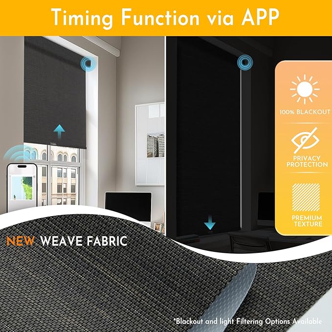 Persilux Smart Motorized Blinds with Remote, No Drill Automatic Roller Shades for Indoor Windows, Blackout Linen Fabric, Electric Blinds for Windows, Weave Blend Coal C162BO-8, Custom Size