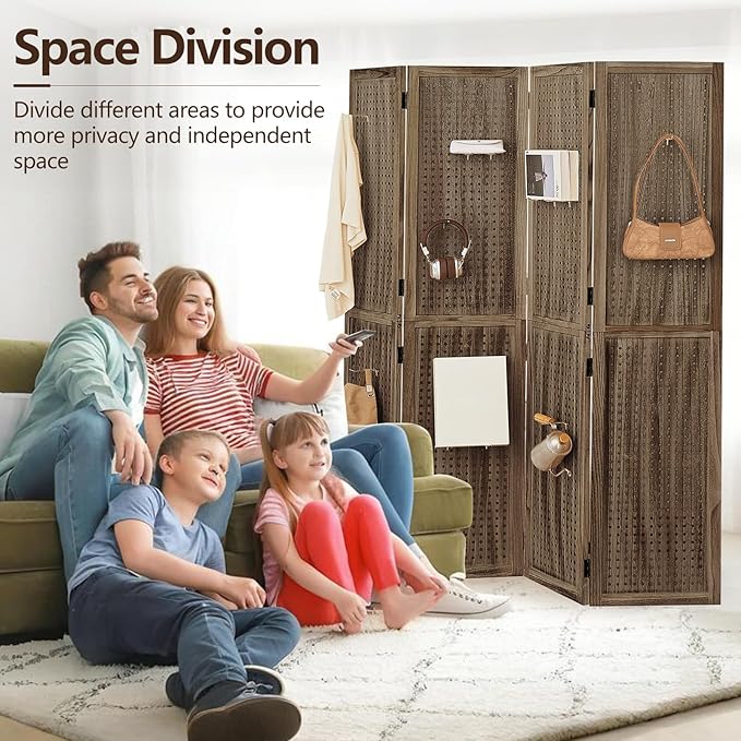 Leesinwing 4 Panel Wooden Room Dividers, 5.6FT High Plug-in Folding Screen Made of Natural Wood, Pegboard Display for Bedroom and Shopping Malls and Jewelry Stores, Dark Brown