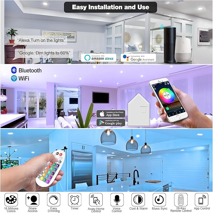 VANANCE Smart Can Light 6 Inch, WiFi & Bluetooth LED Downlight 6Pack, Multicolorred, Dimmeble, 2700K-6500K CCT Selectable, RGBCW Remote LED Recessed Lighting Compatible with Alexa Google Home