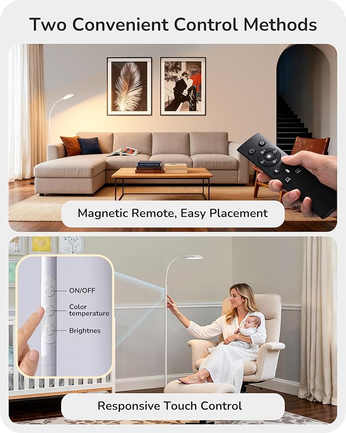 EDISHINE Gooseneck Floor Lamp, 1300LM LED Floor Lamps for Living Room, 4CCT Color Temperature Dimmable Standing Lamp, Remote & Touch Control, 30/60Min Timer Reading Light for Bedroom Office White