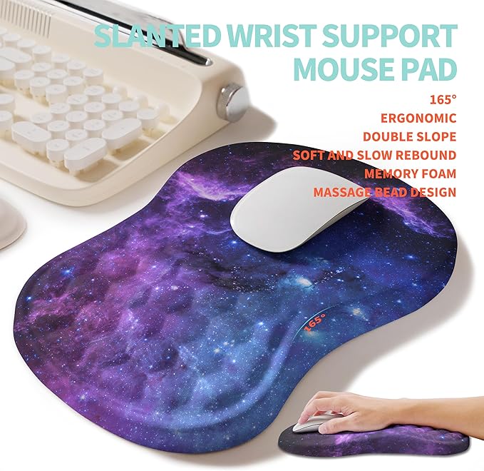 KUOSGM 2-in-1 Ergonomic Set, Wave Rise Keyboard Wrist Rest and Massage Bulge Slope Mouse Pad Wrist Support, Cushion Memory Foam Integrated to Relieve Wrist Pain, Galaxy