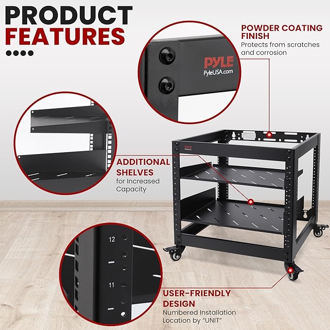 Pyle 10U Network Cabinet - Enclosed Wall Mount Server Rack w/Fan, Lockable Door, Heavy-Duty Wheels, Steel Construction, Vented Shelves, Easy Access, 19" Equipment Compatible, 20 x 20 x 17 in (Black)