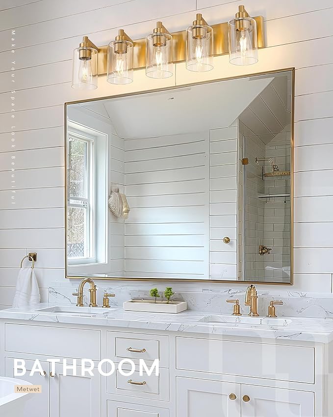 METWET 5-Light Bathroom Light Fixtures, 30 Inch Brushed Gold Vanity Light with Cylinder Clear Glass Shade, Modern Vanity Lighting Fixtures Over Mirror, VL143-BG-5