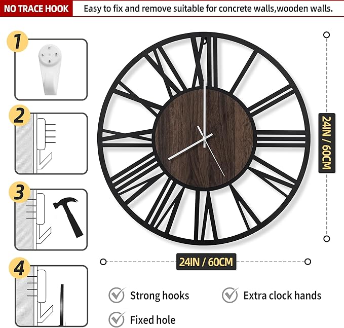 LEIKE Large Wall Clocks with Night Light Battery Operated,Silent Non Ticking,Rustic Modern Big Wood Clock for Living Room, Bedroom,Kitchen,Farmhouse,Office,Home Decor-24 Inch(Roman Numerals)