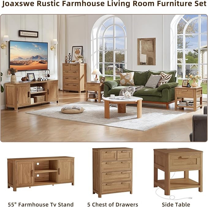 Joaxswe Farmhouse 55" Entertainment Center,Dark Wood Tv Stand with Adjustable Shelves & 2 Door Storage,Wooden Media Console Cabinet for TVs Up to 65 inches, Rustic Tv Stands for Living Room,Bedroom