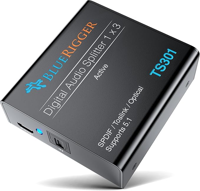 BlueRigger Digital Optical Audio Splitter (Active Toslink Splitter 1 in 3 Out, SPDIF, Fiber Optic Adapter) - Compatible with Home Theatre, Xbox, PS4, DVD, Receiver, TV, LPCM2.0, DTS, Dolby Digital