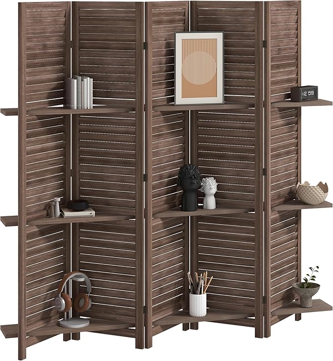 HOMCOM Room Divider, 5 Panel 67" Tall Wood Privacy Screen with 3 Display Shelves, and Folding Storage for Bedroom or Home Office, Walnut