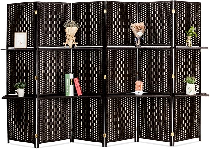 Bonnlo Upgraded Heavy Duty 6FT Tall Rattan Room Divider Screens with Partition Wall 2 Display Shelves, Indoor Folding Screen Dual-Sided Hinges for Home Office (6 Panels)