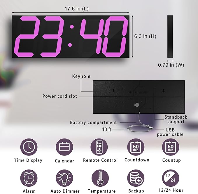 CHKOSDA LED Large Digital Wall Clock, Oversize Wall Clock with 6” Numbers, Remote Control Count up/Countdown Timer Clock, Auto Dimmer, Big Calendar and Thermometer(Purple)