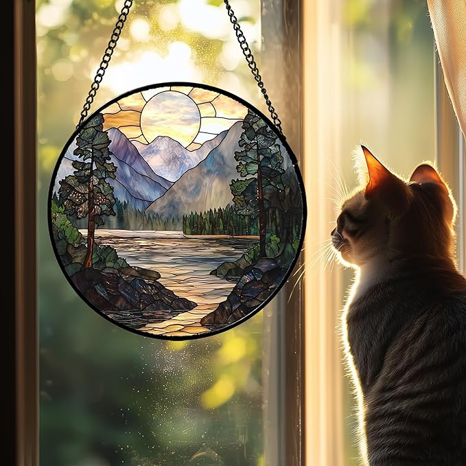 AMDERVEN Stained Glass Window Hanging, Sunset Mountains Lake Tree Sun Catcher for Window Home Decor Landscape Suncatcher Mother's Day Birthday Gifts for Women Men Mom and Nana 11.8 in
