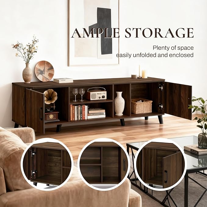 LuxenHome 70 Inch TV Stand, Mid Century Modern TV Stands for Living Room for TV Up to 75", Walnut Media Console Entertainment Center with Storage, Brown TV Consoles for Living Room with Curved Edge