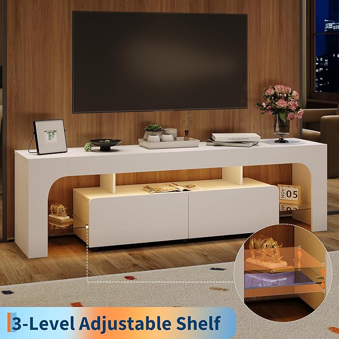 IDEALHOUSE LED TV Stand for 55 to 75 Inch TV, White Entertainment Center with Storage Drawer & Glass Shelves, Modern TV Console Table with Color Changing Lights for Living Room Bedroom