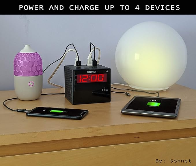 Sonnet Alarm Clock Charging Station, Bluetooth Speaker, AM FM Radio, Dual USB Charging Ports, Dual AC Outlets, Very Loud Alarm Clock for Heavy Sleepers and The Hearing Impaired for Desk, Bedroom