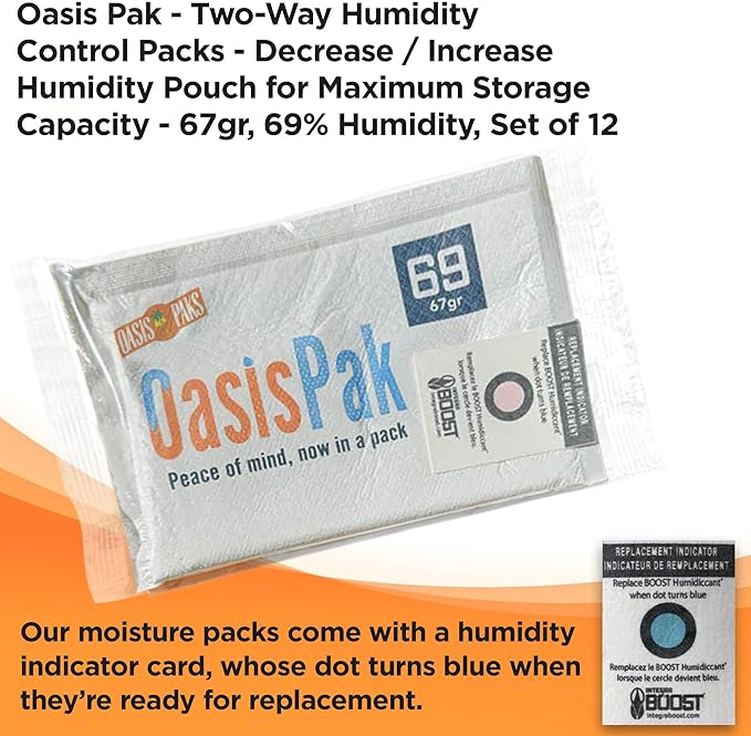 OasisPak 69% RH Two-Way Humidity Control Packs (12 Pack) - 67 Gram Packs | Maintain Humidty, Freshness, Flavors & Aromas | Salt-Free, Leak-Proof Moisture Absorbers for Storage Cases & Containers