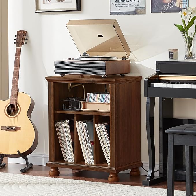 Joaxswe Record Player Stand with Charging Station Up to 200 Albums, 24" Wide Mid-Century Record Player Table with Vinyl Record Storage,Large Wood Turntable Stand Dispaly Cabinet for Living Room,Brown