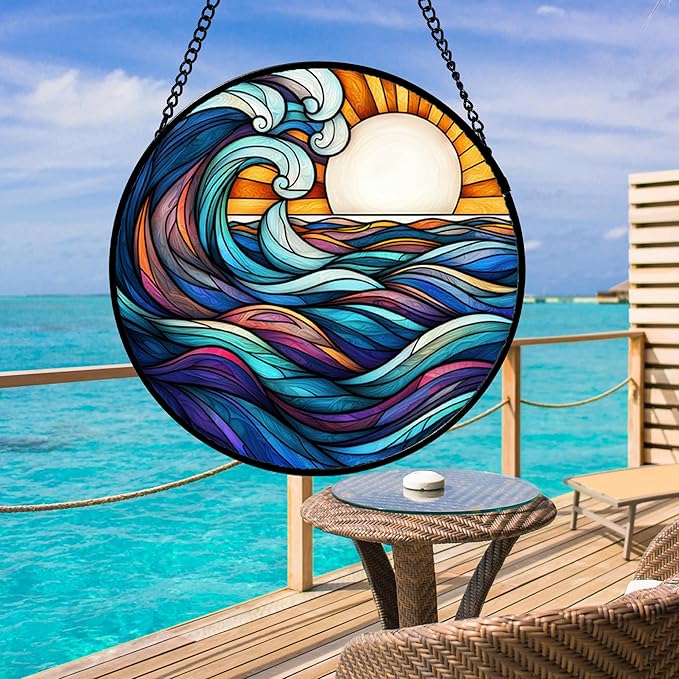 DASTOLL Stained Glass Window Hanging, Big Wave Sun Suncatcher Diamond Glass Panel Hangings Abstract Sun Catchers Decor for Birthday for Women, Men, Wife, Aunt, and Mom 14.9x14.9 in