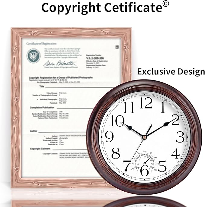 KECYET 14 Inch Outdoor Wall Clock with Thermometers, Vintage Silent Wall Clocks Battery Operated, Retro Non-Ticking Clock Decorative for Living Room, Patio, Kitchen, Office, Bathroom, Bedroom(Bronze)