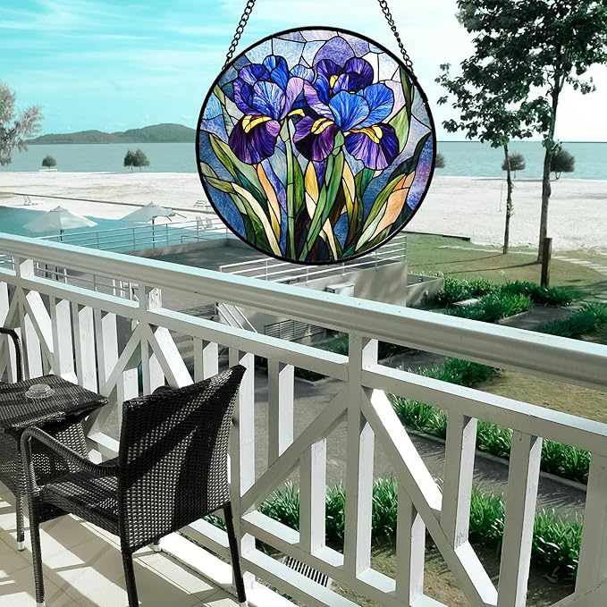 CRISGIF Stained Glass Window Hanging - Blue Purple Iris Flower Suncatcher for Door Garden Patio Sun Catchers Decor Christmas Mother's Day Birthday Gifts for Women Men Mom Nana Aunt Friend 11.8 in