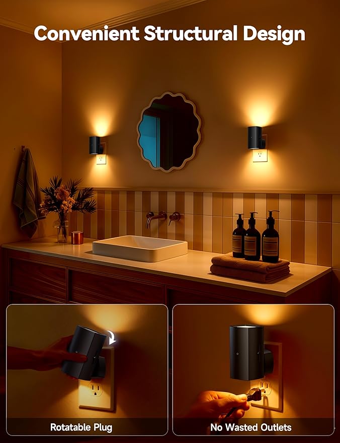 Brightown 2 Pack Black White Night Lights Plug into Wall, Modern Night Light with Rotating Plug, Dusk to Dawn Sensor, 0-100LM Stepless Dimming Aora Night Light for Hallway Bedroom Bathroom,Amber