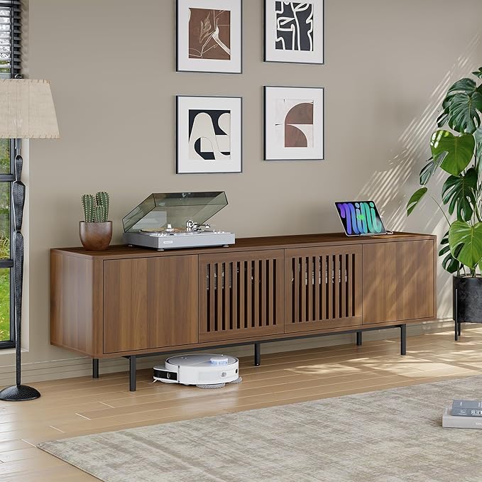WODNITURE 71inch TV Stand with Storage & 2 Drawers, Mid-Century Modern TV Stand for Tvs Up to 88", Wood Entertainment Center with Charging Station for Living Room, Bedroom
