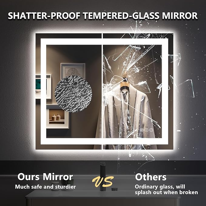 YEELAIT 28x36 Inch LED Bathroom Mirror with Lights Front and Backlit Lighted Vanity Mirror for Bathroom Wall with 3 Colors Dimmable Anti-Fog Memory Shatter-Proof IP54 Waterproof Horizontal/Vertical
