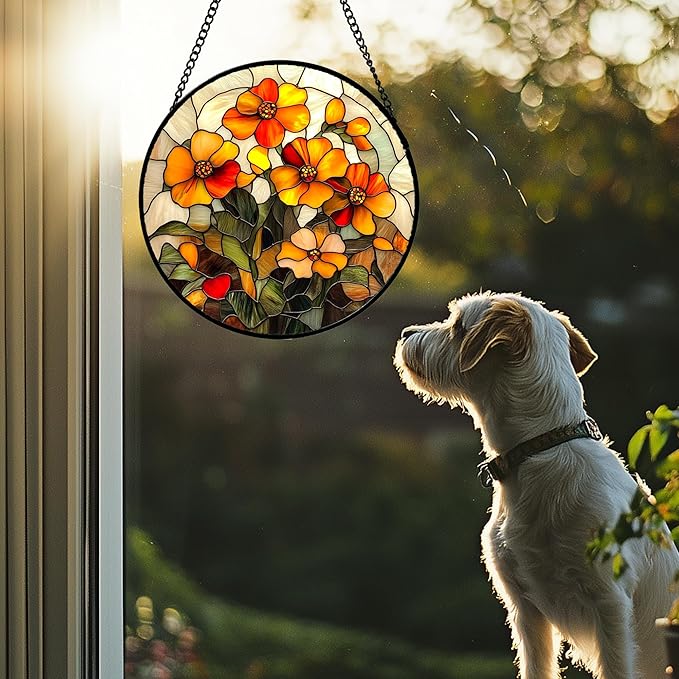 CRISGIF Stained Glass Window Hanging - Orange Marigolds Flowers Suncatcher for Door Garden Yard Sun Catchers Decor Christmas Mother's Day Birthday Gifts for Women Mom Nana Girlfriend Men 15 in