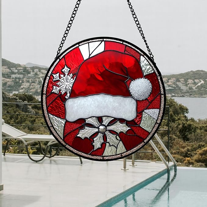 DASTOLL Stained Glass Window Hanging 4 Pcs Set Red Christmas Decorations Theme Large 15" - Suncatcher Door Garden Sun Catcher Decor Birthday for Mom Woman Nana Men Friend Wife