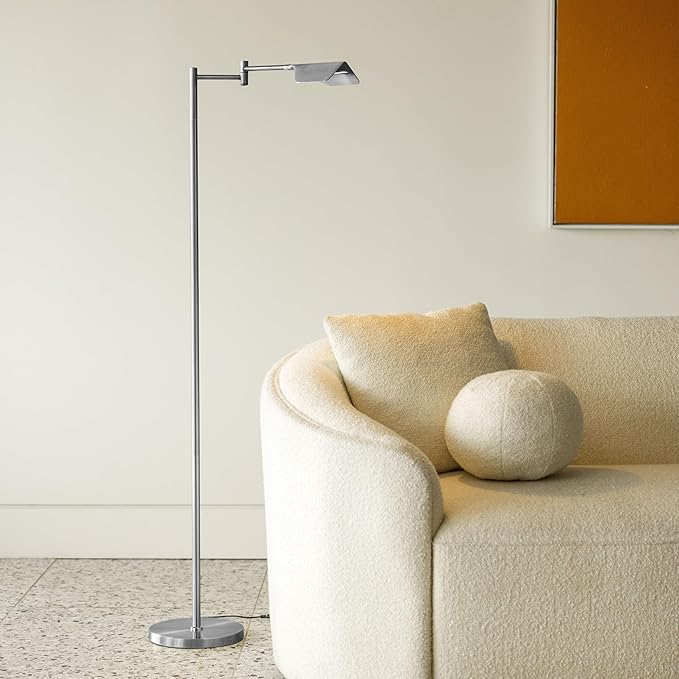 Brightech Leaf Pharmacy LED Reading Lamp, Dimmable Floor Lamp with Easy Adjustable Rotation Over Chair or Desk for Living Room, Work Light for Office, Modern Minimalist Home Decor - Platinum Silver