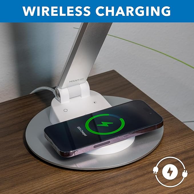 Mount-It! LED Desk Lamp with Wireless Charger and USB-C Charging Port, Dimmable Desk Lamp with 25 Brightness and Color Modes, for Home or Office, Adjustable Arm, Silver/White