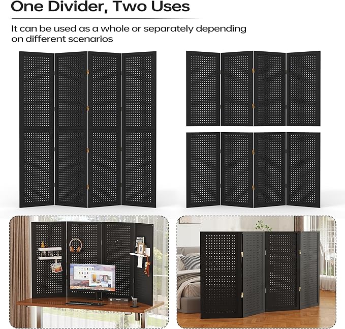 DURASPACE 4 Panel Room Divider 5.6 FT Pegboard Display Folding Wood Privacy Screen Pegboard Stand Organizer for Jewelry, Craft, Cloth, Art Display (Black)