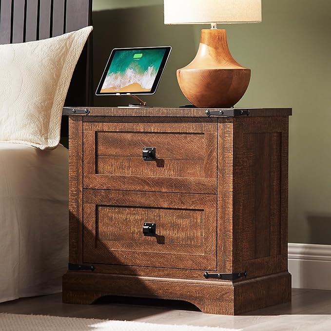 T4TREAM 24" Farmhouse Nightstand with Charging Station, Large End Table with 2 Storage Drawers, Rustic Wood Sofa Bedside Table for Bedroom, Reclaimed Barnwood Color