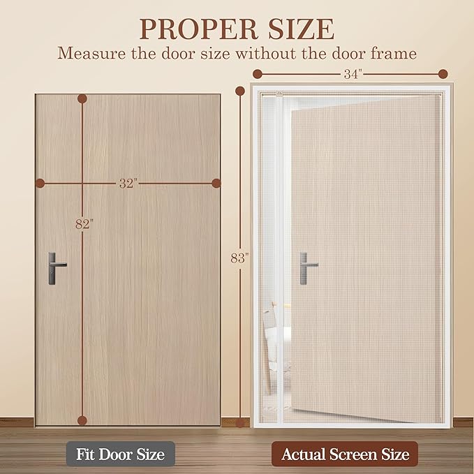 Yotache White Reversible Left Right Side Opening Magnetic Screen Door Fits Door Size 32 x 82, Unobstructed View Upgraded Polyester Mesh for Back Door, Actual Screen Size 34" x 83"