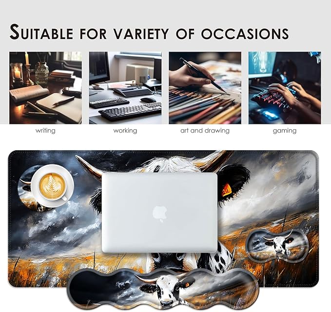 BFUKVOU Large Keyboard Mouse Pad Set, Extended Mouse Pad+Keyboard Wrist Rest Support, Memory Foam Ergonomic Easy Typing, 4Pcs (31.5×11.8 in) Desk Pad Set for Office Home,Cute Cow