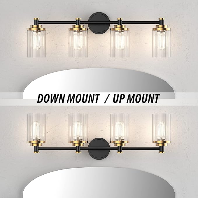 PHIXART Bathroom Lighting Fixtures Black and Gold Bathroom Vanity Light with Cylindrical Clear Stripes Glass Lampshade E26 Socket Base Bathroom Lighting Fixtures Over Mirror (4 Lights)
