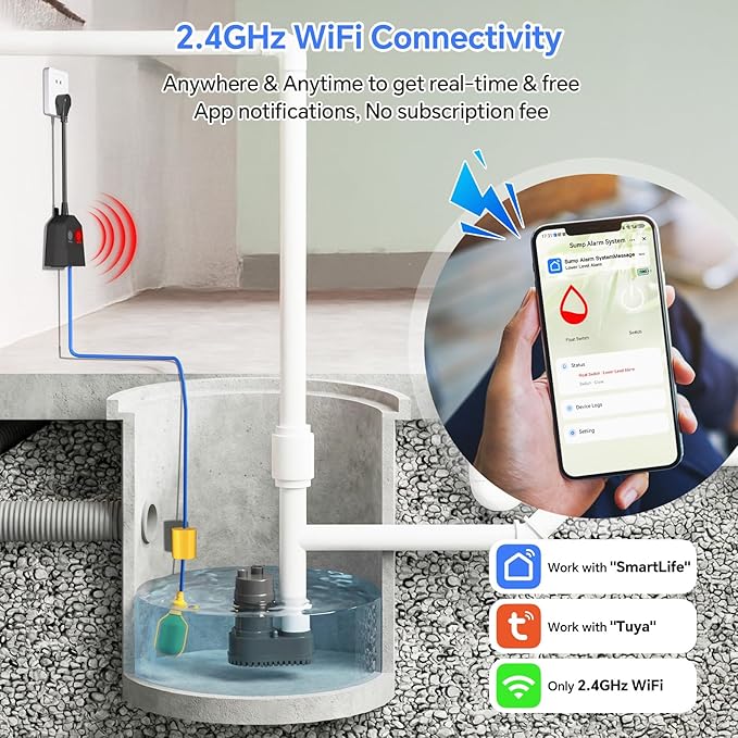 Sump Pump Alarm WiFi, Smart High/Low Water Level Alarm, Free App Notification & 120dB Alarm, Built-in Backup Battery, IPX4 Waterproof, with 10ft Float Switch for Basement Sump, Water Tank, Septic Tank