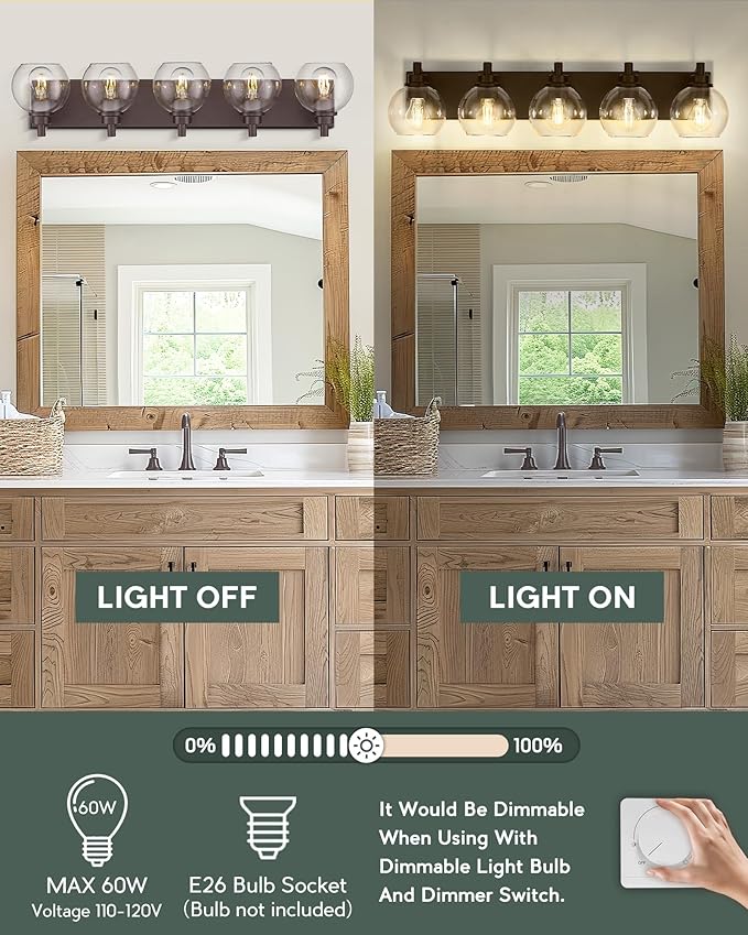 METWET Bathroom Light Fixtures Over Mirror, 5-Light Oil Rubbed Bronze Bathroom Vanity Light with Globe Clear Glass Shade, 32 Inch Modern Sconces Wall Lighting, VL195-ORB-5