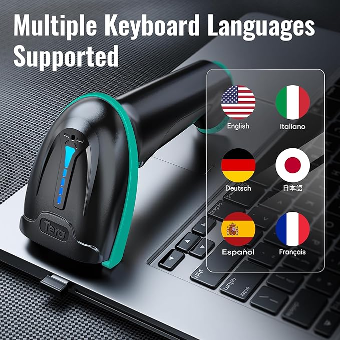 Tera Barcode Scanner 1D Wireless with Battery Level Indicator Versatile 2-in-1 (2.4Ghz Wireless+USB 2.0 Wired) 328 Feet Transmission Distance Rechargeable Barcode Reader USB Handheld Bar Code Scanner