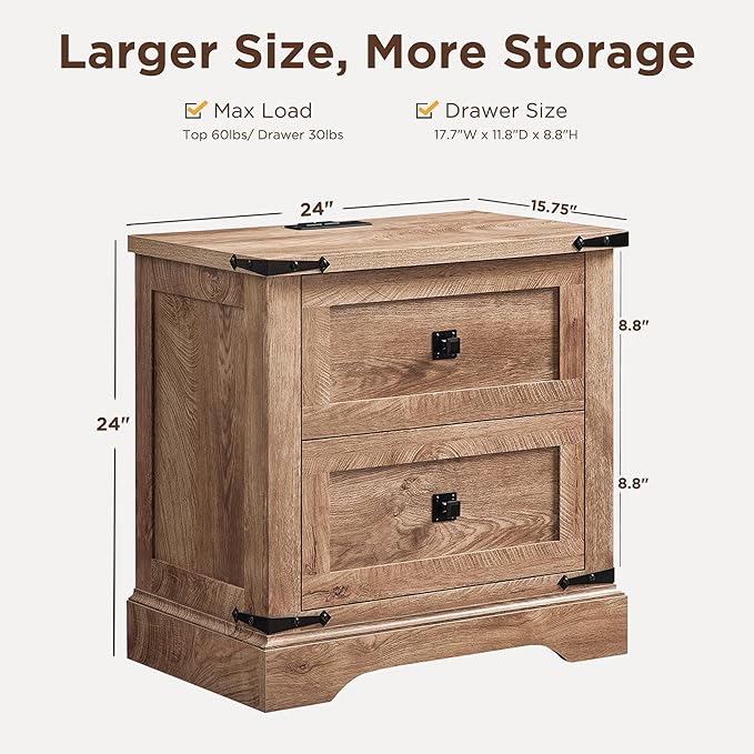 T4TREAM 24" Farmhouse Nightstand with Charging Station, Large End Table with 2 Storage Drawers, Rustic Wood Sofa Bedside Table for Bedroom, Light Knotty Oak