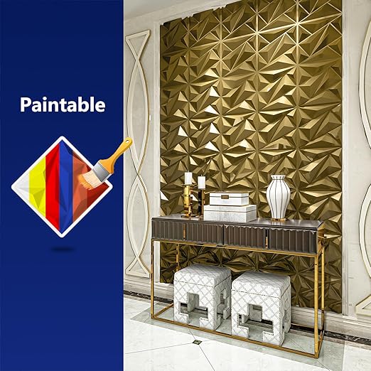 Art3dwallpanels 33 Pack 3D Wall Panel Diamond for Interior Wall Décor, PVC Textured Wall Panels, 12''x12'' Cover 32.Sq.Ft. Golden