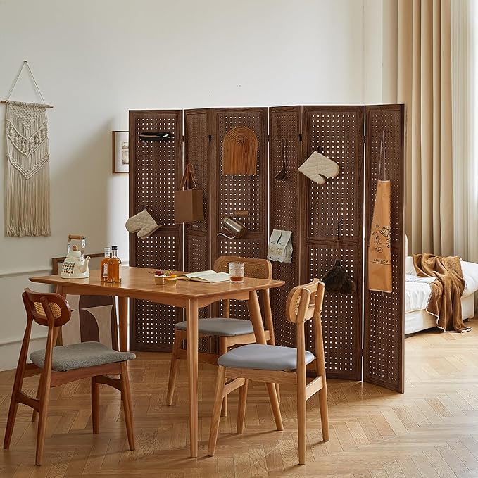 Asnefeli 6 Panel Pegboard Display with 24 Hooks, Wood Room Divider Wall, 5.6Ft Folding Privacy Screen Divider Room, Portable Freestanding Wall Organizer for Bedroom Reading Room(Dark Brown)
