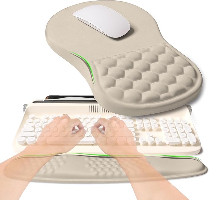 KUOSGM 2-in-1 Ergonomic Set, Wave Rise Keyboard Wrist Rest and Massage Bulge Slope Mouse Pad Wrist Support, Cushion Memory Foam Integrated to Relieve Wrist Pain, Apricot