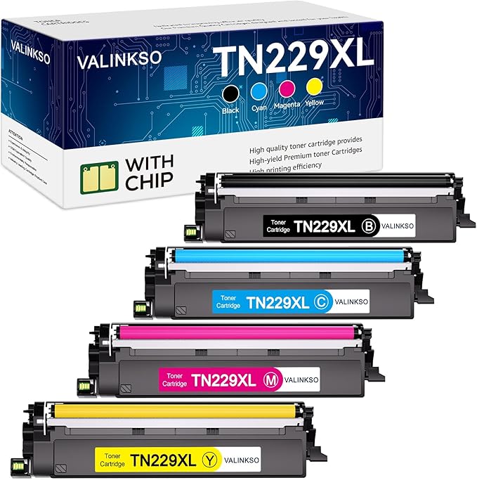 Valinkso TN229XL Toner Cartridge Replacement for Brother TN229 TN229XL Toner Compatible with Brother MFC-L3780CDW HL-L3280CDW MFC-L3720CDW HL-L3220CDW HL-L3300CDW, High Yield 4-Pack (BK/C/M/Y)