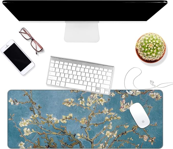 Dynippy Thin Extended Gaming Mouse Pad （31.5 * 11.8 * 0.08 inch） with Stitched Edges Large Mousepad Long XXL Keyboard and Mouse pad Desk Mat for Gaming Office & Home - Almond Blossom