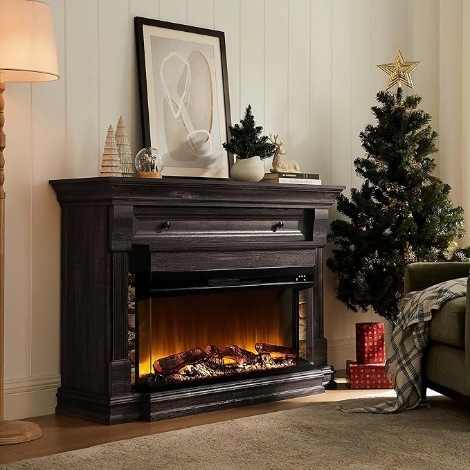 OKD 52 Inch Electric Fireplace with Mantel, Fireplace TV Stand with 36" 3-Sided Glass Electric Fireplace Heater for Living Room, Dark Rustic Oak