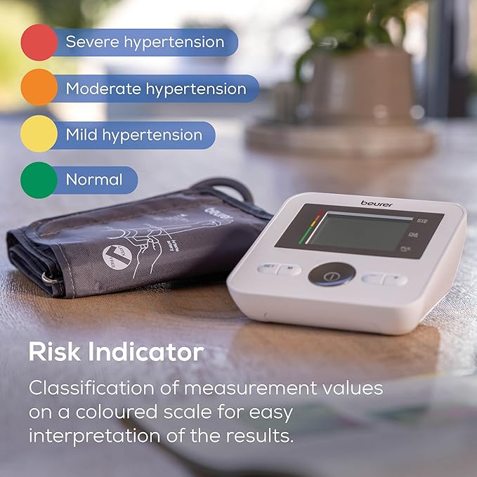 Beurer BM27 Upper Arm Blood Pressure Monitor for Home Use with Adjustable Cuff, Data Transfer to Apple Health and co., 120 Memory Sets, Irregular Heart Rate Detection, Risk Indicator