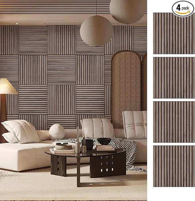ARMURO Wood Slat Wall Panel - 4 PCS Walnut Wood Panels for Wall, Natural Wood Veneer Acoustic Slat Wood Wall Panels - Wood Slats for Wall Soundproof Wood Panels 23.6" W x 23.6" L